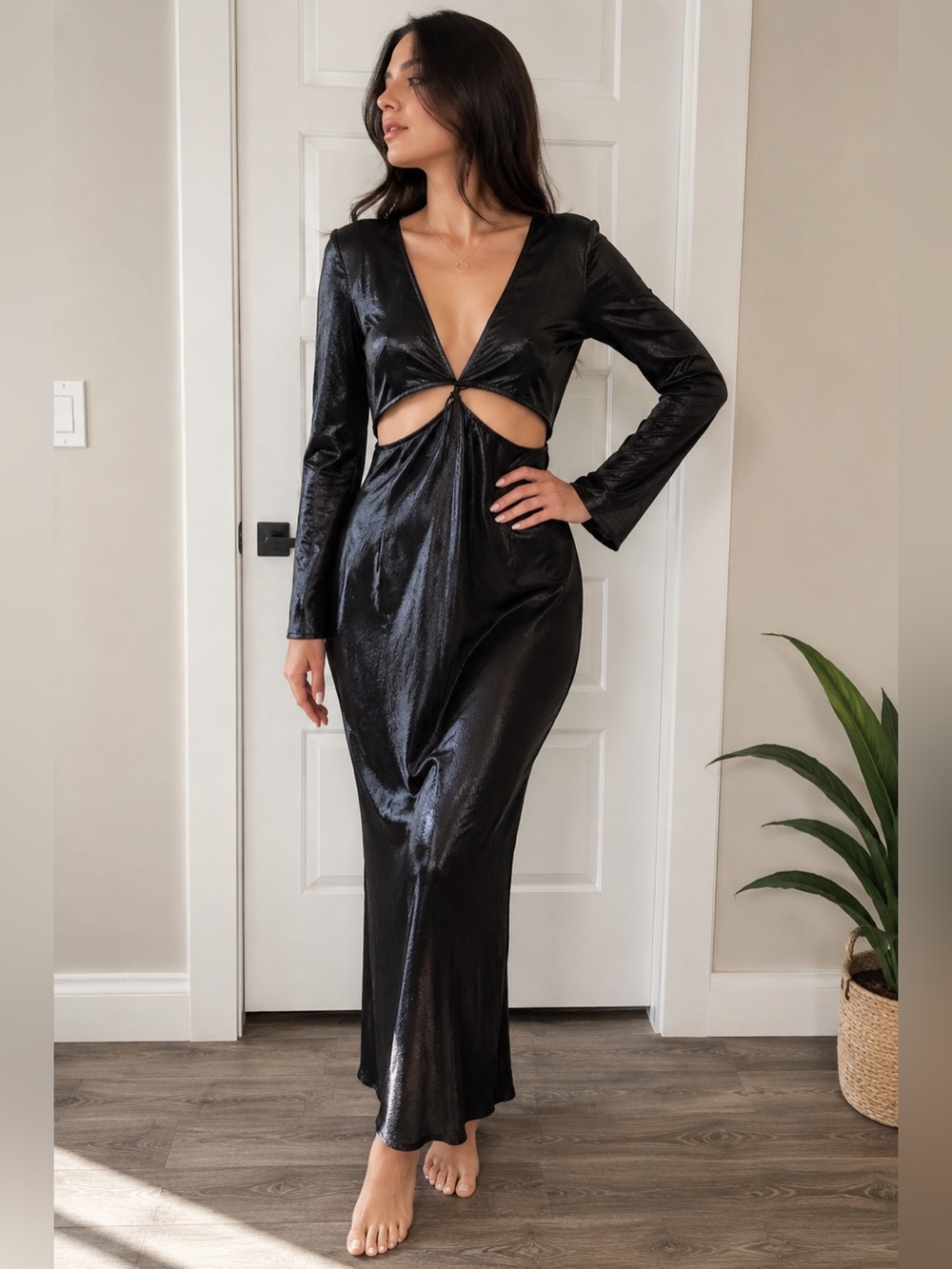 NEW 4th + Reckless Black Satin Cut-Out Maxi Dress – NWT | Long Sleeve |